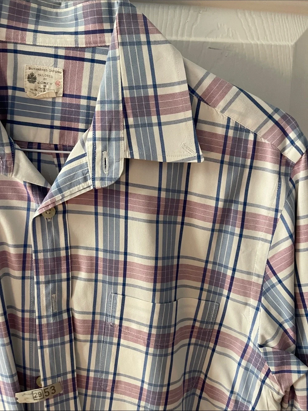 J. Crew Men's White Button-Down Plaid Shirt with Blue & Pink Stripes